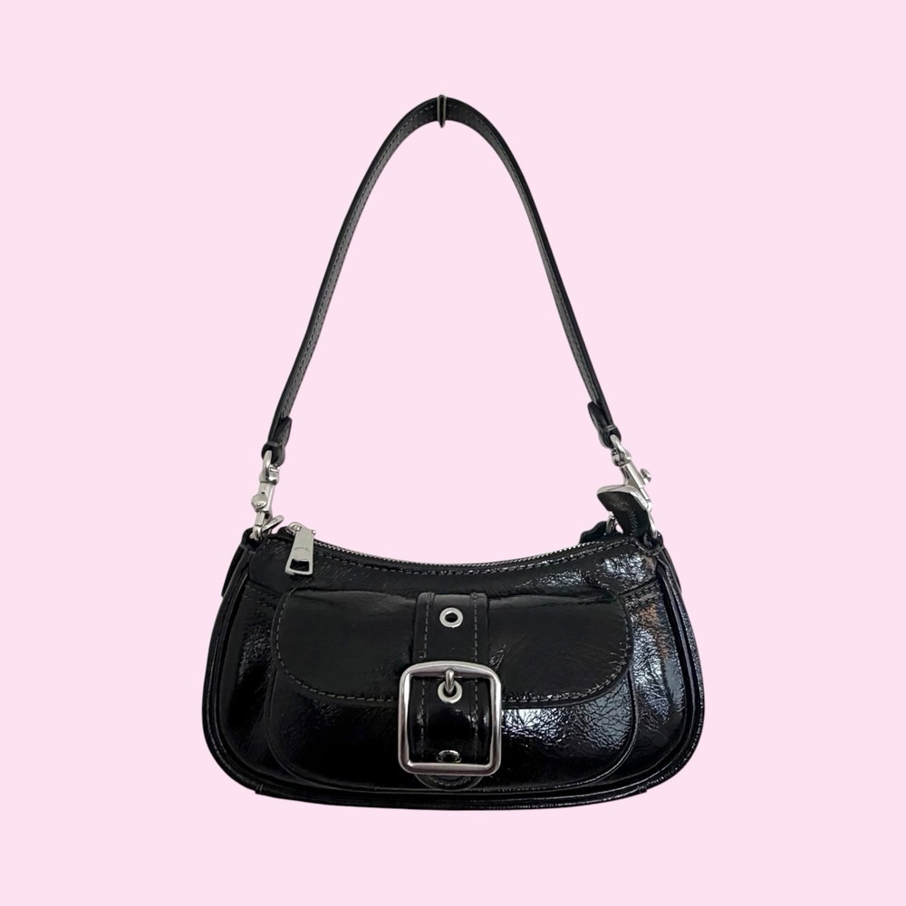 Coach Ashton Mini Shoulder Bag Black Glazed Leather Silver Hardware CD819
